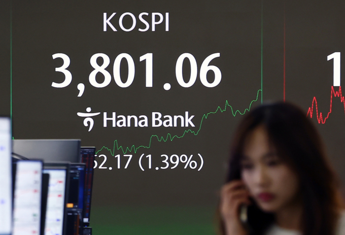 코스피가 장중 사상 최초로 3800선을 돌파했다. 사진은 20일 서울 중구 하나은행 딜링룸 전광판. /사진=뉴스1