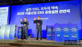 황성만 오뚜기 대표이사(왼쪽)와 송승혁 바라 대표이사가 20일 오후 서울 영등포구 중소기업중앙회 KBIZ홀에서 열린 &#039;2025 식품산업 ESG 공동실천 선언식 및 경영포럼&#039;에서 ESG 공동 실천 선언문을 낭독하고 있다. /사진=황정원 기자