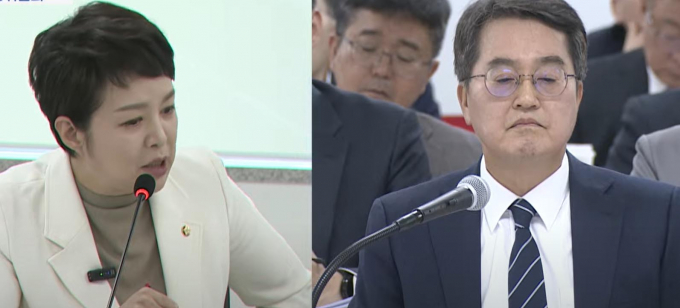 지난 20일 경기도청에서 열린 국회 국토교통위원회 경기도 국정감사에서 김동연 경기도지사(오른쪽)와 김은혜 의원(왼쪽)이 설전을 벌이고 있다. /사진제공=경기도