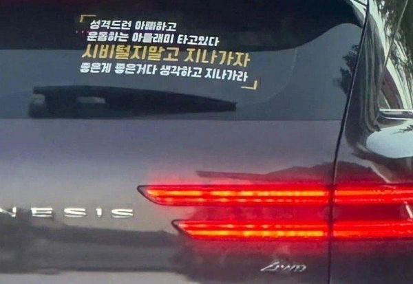 차 뒷유리에 경고성 문구 스티커를 붙인 차주에게 비난의 목소리가 쏟아지고 있다. 사진은 차 뒷유리에 붙은 경고 스티커. /사진=보배드림 캡처