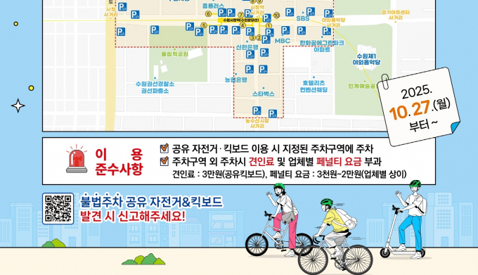 '공유 자전거·킥보드(PM) 지정주차구역' 시범 운영 안내.  /사진제공=수원시 