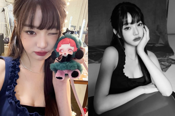 아이브 멤버 장원영이 독보적인 인형 미모를 자랑했다. 해당 사진은 네이비 컬러 민소매를 입은 장원영이 스튜디오에서 촬영한 모습. /사진=장원영 인스타그램 캡처