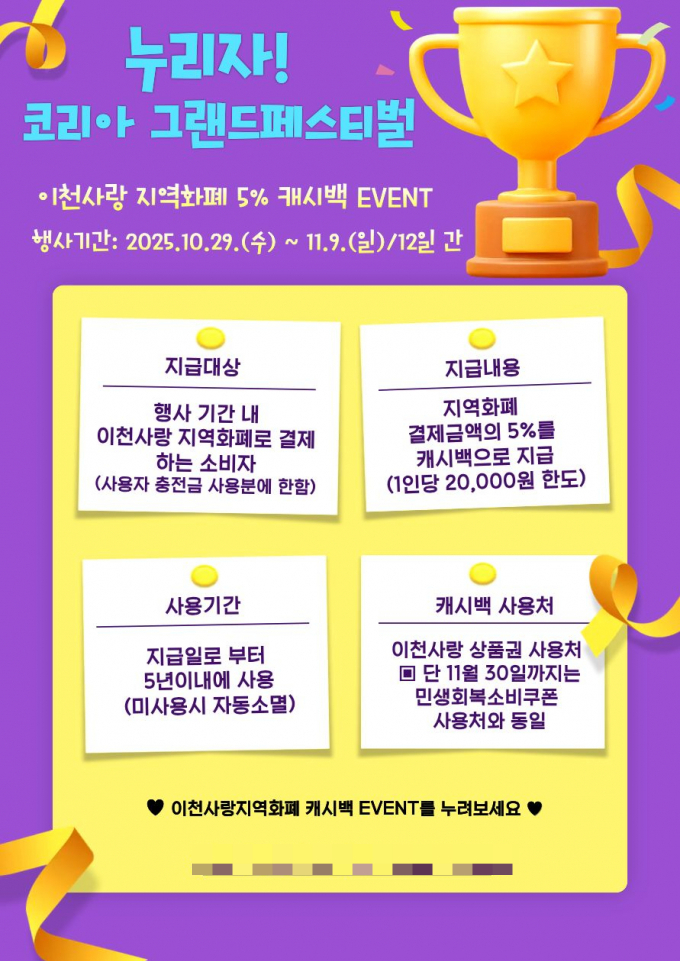 '이천사랑 지역화폐 캐시백 5% 이벤트'안내문. /사진제공=이천시