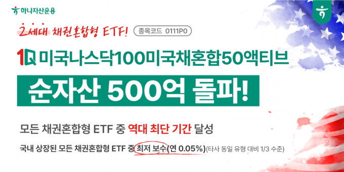 하나자산운용 '1Q 미국나스닥100미국채혼합50액티브'의 순자산이 500억원을 넘었다. /사진=하나자산운용