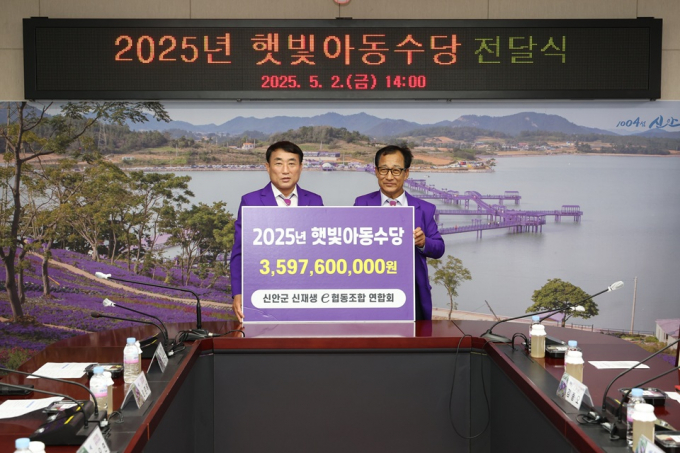 김대인 신안군수 권한대행(왼쪽)이 김정대 연합회 회장으로 부터 햇빛아동수당을 전달받고 있다./사진제공=신안군