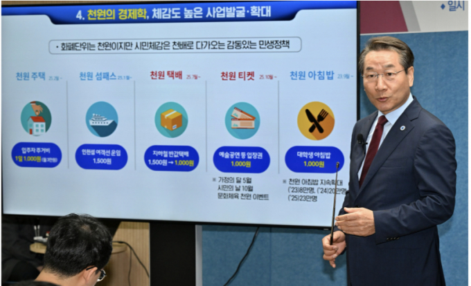 유정복 시장이 지난 6월 시청 브리핑룸에서 긴급 민생경제 안정대책, 천원정책을 발표하고 있다. /사진제공=인천시