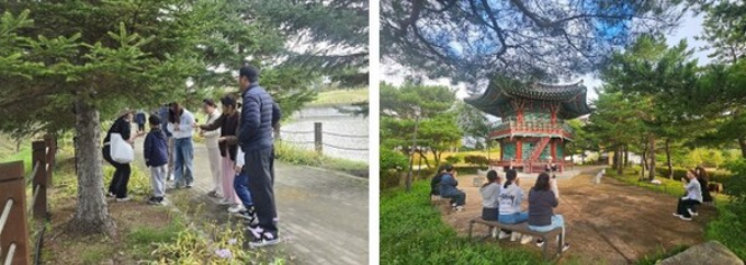 가족과 함께 즐기는 생태 산책과 야외에서 진행되는 아로마 명상. /사진제공=KH그룹 