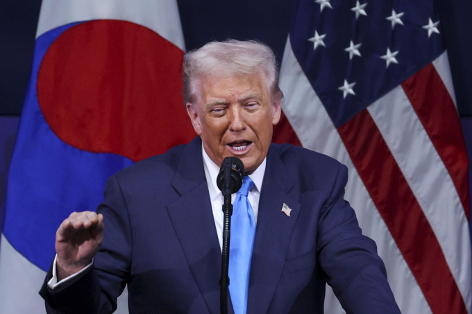 도널드 트럼프 미국 대통령이 29일 경북 경주시 경주예술의전당에서 열린 '2025 APEC CEO 서밋'에서 특별 연설을 하고 있다. /사진=뉴시스(공동취재)