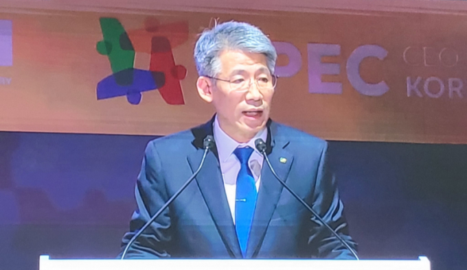 31일 APEC 서밋 연단에 선 조석진 한국수력원자력 기술부사장(CNO) /사진=지선우 기자