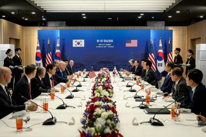 도널드 트럼프 미국 대통령이 지난 29일 국립경주박물관에서 열린 한미 정상회담에서 모두 발언을 하고 있다. /사진=백악관
