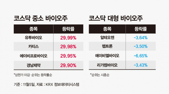 5일 코스닥 바이오주는 대형 종목은 하락 마감했지만 중소 바이오주는 상승세를 기록했다. /사진=강지호 기자