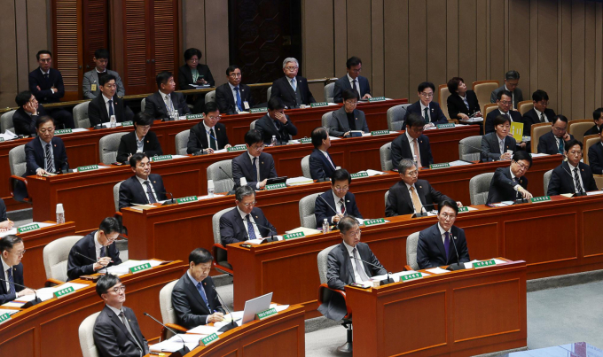 김민석 국무총리 등 국무위원들이 6일 서울 여의도 국회에서 열린 예산결산특별위원회 전체회의에 출석해 있다. /사진=뉴시스