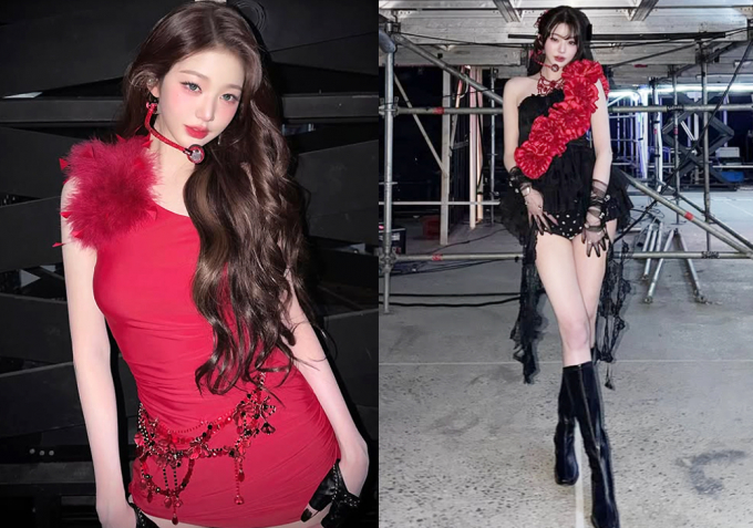 그룹 아이브 멤버 장원영이 레드 원피스와 블랙  원숄더를 입고 특유의 고혹적인 분위기를 연출했다. 해당 사진은 장원영이 월드투어 공연에서 찍은 모습. /사진=장원영 인스타그램 캡처