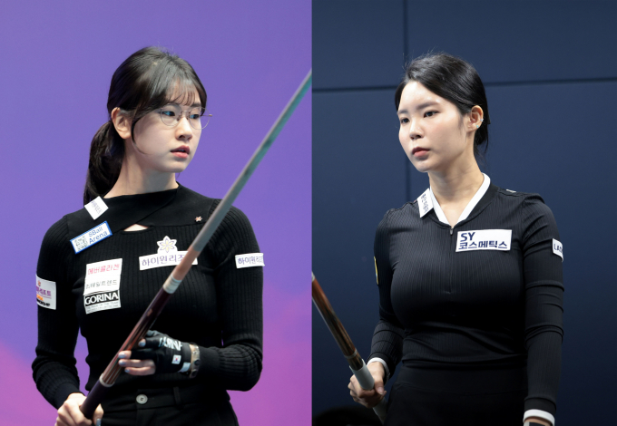 이미래와 이우경이 각각 김보미와 임정숙을 꺾고 결승에 올랐다. 사진은 2025-26시즌 7차 투어 결승에 오른 이미래(왼쪽)와 이우경. /사진=프로당구협회(PBA) 제공