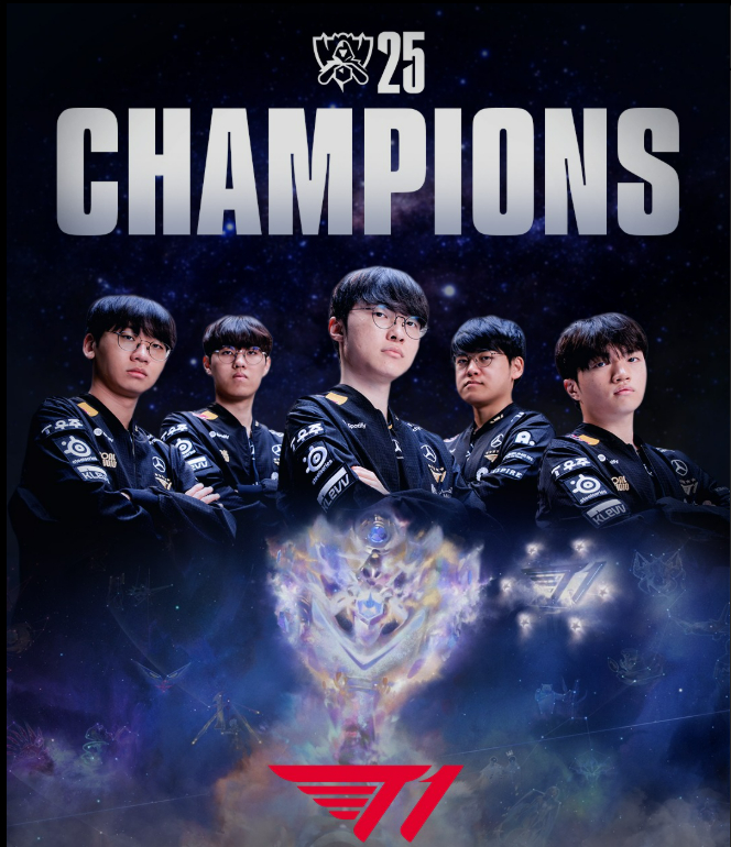 T1이 통신사 라이벌 KT롤스터를 꺾고 월드챔피언십 3년 연속 우승에 성공했다. 사진은 2025 월드챔피언십 우승을 차지한 T1 선수. /사진=LCK 인스타그램 캡처