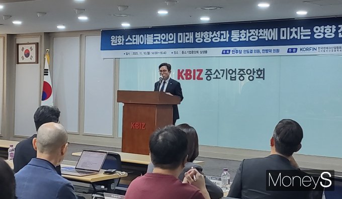 10일 서울 영등포구 중소기업중앙회 2층 상생룸에서 진행된 '원화 스테이블코인의 미래 방향성과 통화정책에 미치는 영향 진단' 행사에서 개회사를 하고 있는 안도걸 더불어민주당 의원. /사진=지선우 기자