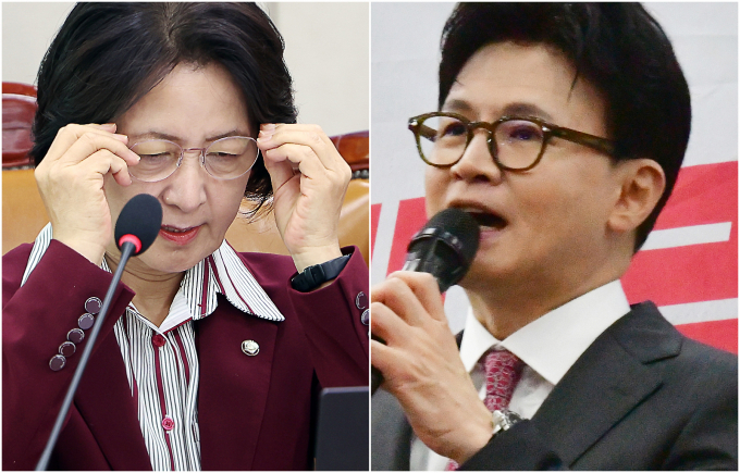 추미애 더불어민주당 의원과 한동훈 전 국민의힘 대표가 검찰의 항소 포기와 관련해 페이스북에서 공방을 주고 받았다.사진은 지난 6일 추미애 국회 법제사법위원장이 서울 여의도 국회 법사위 전체회의에 참석해 안경을 쓰고 있는 모습과 지난 8월11일 한동훈 전 국민의힘 대표가 광주 서구 한 호텔에서 열린 국힘 전남도당위원장 취임식에 참석해 축사하고 있는 모습. /사진=뉴시스