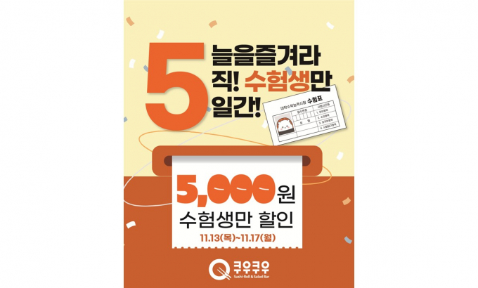 쿠우쿠우가 오는 13일 목요일부터 17일 월요일까지 5일간 전국 쿠우쿠우 매장에서 수험생 할인 이벤트를 진행한다. /사진=쿠우쿠우