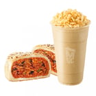 메가MGC커피에서 판매하고 있는 대왕님표 여주쌀 시즌 메뉴인 &#039;누룽누룽 바삭 프라페&#039;(오른쪽)와 &#039;매콤 비빔주먹밥&#039;(왼쪽) 모습. /사진제공=여주시