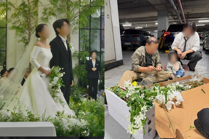 딸의 결혼식 당일 76세 아버지가 주차장 한켠에서 직접 부케를 만드는 모습이 공개되면서 네티즌 마음을 뭉클하게 했다. /사진=스레드 choimintwo 캡처]