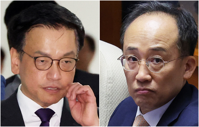  최상목 전 경제부총리와 추경호 전 국민의힘 원내대표가 17일 내란 중요임무 종사 등 혐의를 받는 한덕수 전 국무총리의 속행 공판에 증인으로 출석했다. 사진은 지난 5월7일 최상목 전 경제부총리 겸 기획재정부 장관이 세종 어진동 정부세종청사 기획재정부를 찾아 직원들과 인사를 나눈 뒤 기자실로 향하는 모습과 지난 13일 추경호 전 국민의힘 원내대표가 서울 여의도 국회에서 열린 제429회 국회(정기회) 제12차 본회의에 출석한 모습. /사진=뉴시스