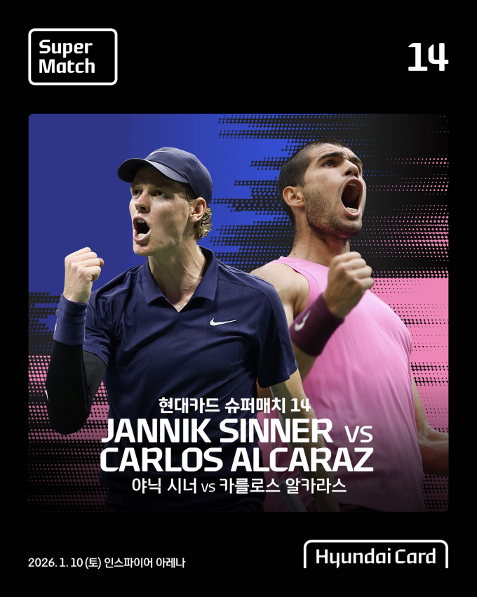 현대카드 슈퍼매치 14 '야닉 시너 VS 카를로스 알카라스' 티켓이 현대카드 회원 대상 선예매 시작 10분만에 매진됐다./그래픽=현대카드