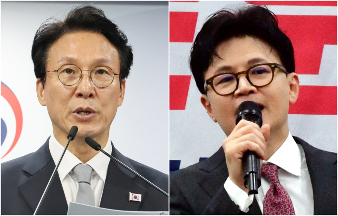 정부가 사모펀드 론스타와의 국제투자분쟁(ISDS)에서 승소를 거두자 이를 둘러싼 정치권 업적 공방이 불 붙었다. 사진은 지난 18일 김민석 국무총리가 서울 종로구 정부서울청사에서 열린 '론스타' ISDS 취소 신청 관련 긴급 브리핑을 하는 모습과 지난 8월11일 한동훈 전 국민의힘 당대표가 광주 서구 한 호텔에서 열린 국민의힘 전남도당위원장 취임식에 참석해 축사하고 있는 모습. /사진=뉴시스