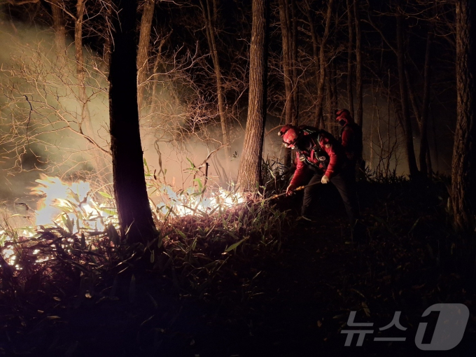 23일 새벽 강원 양양 서면 일대에서 발생한 산불 현장에서 진화대원이 야간 진화 작전을 펼치고 있다. 산불은 22일 오후 6시 16분쯤 서면 서림리의 한 야산에서 시작됐다. 일몰로 헬기 투입해 불가한 가운데 당국은 장비와 인력 등 지상 자원을 총동원해 대응 중이다./사진=뉴스1