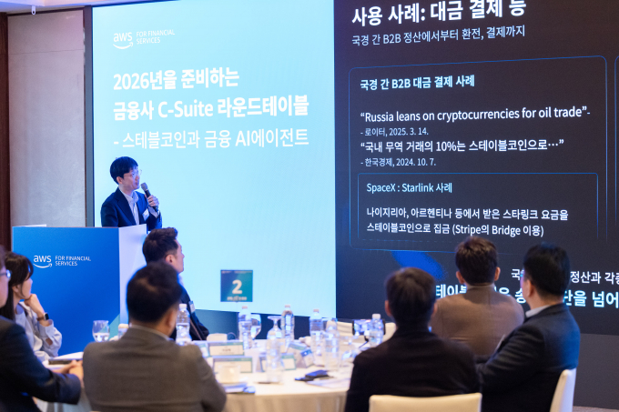 이정우 코빗 CTO가 지난 18일 웨스틴 조선 서울에서 열린 '2026년을 준비하는 금융사 C-Suite 라운드테이블' 행사에서 연사로 참여해 '스테이블코인, 새로운 기회인가?'를 주제로 발표하고 있다. /사진=코빗