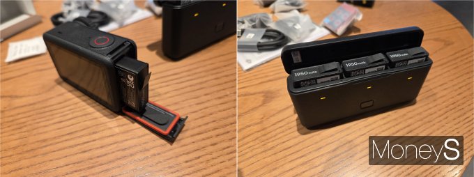 오즈모 액션 6에 배터리를 삽입하는 모습과 1950mAh 배터리 3개를 동시에 수납·충전할 수 있는 DJI 배터리 케이스. 실사용 기준 1080p 촬영 시 약 4시간의 연속 사용이 가능해 장거리 이동 촬영에서도 활용도가 높다. /사진=김대영 기자