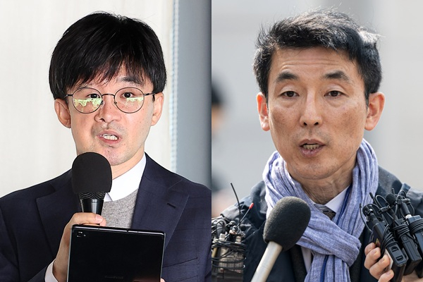 법원이 한덕수 전 국무총리의 내란 우두머리 방조 혐의 재판에서 소란을 피워 감치 명령을 받은 김용현 전 국방부 장관 변호인단 이하상·권우현 변호사에 대한 징계사유를 대한변호사협회(변협)와 서울지방변호사회(서울변회)에 통보했다. 사진은 권우현 변호사와 이하상 변호사(오른쪽). /사진=뉴스1