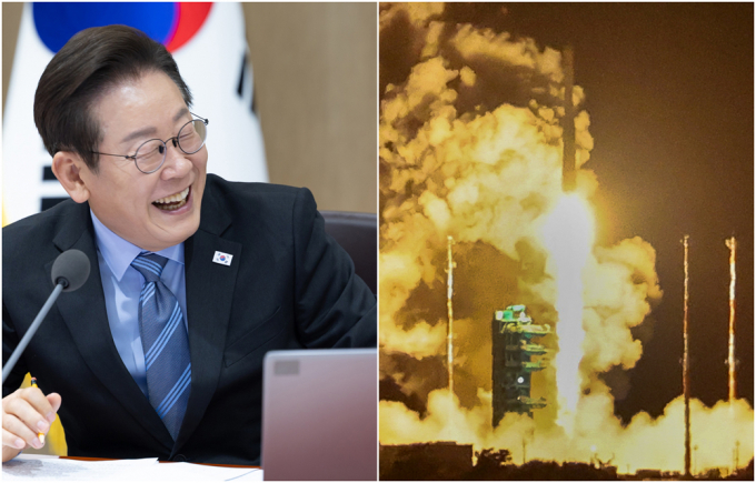 이재명 대통령이 27일 자신의 페이스북에 "자랑스러운 우리의 누리호 4차 발사 성공을 진심으로 축하한다"고 밝혔다. 사진은 지난 9월2일 이 대통령이 서울 용산구 대통령실 청사에서 제40회 국무회의를 주재하는 모습과 27일 오전 누리호가 전남 고흥군 나로우주센터에서 날아오르고 있는 모습. /사진=뉴스1