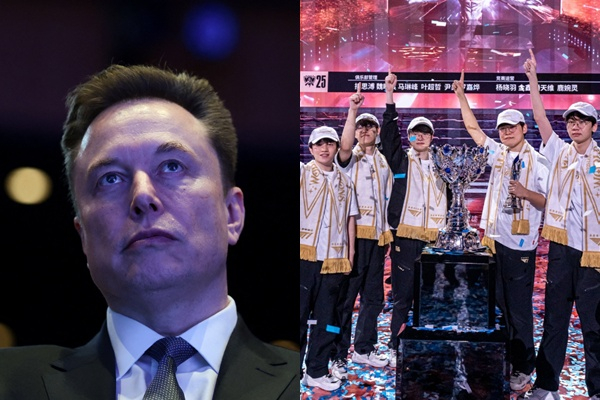 일론 머스크 xAI CEO가 자사 AI 모델 그록5와 oL e스포츠 최고 프로팀 대결을 제안한 글을 게재했다. 사진은 (왼쪽) 머스크가 지난 19일(현지시각) 미국 워싱턴D.C에서 열린 미-사우디 투자 포럼에 참석한 모습. (오른쪽) 2025 LoL 월드 챔피언십(월즈)에서 우승한 T1 팀원들의 모습. /사진=(왼쪽) 로이터, (오른쪽) T1 엑스(X·옛 트위터)