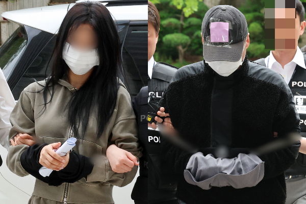 축구 국가대표팀 주장 손흥민을 상대로 돈을 받아내려해 공갈 혐의를 받고 있는 양씨(왼쪽, 20대 여성)와 용씨(40대 남성)가 각각 징역 5년, 징역 2년을 구형받았다. 사진은 지난 5월17일 양씨와 용씨가 서울 서초구 서울중앙지방법원에서 열린 구속 전 피의자심문(영장심사)에 출석하고 있는 모습. /사진=뉴스1