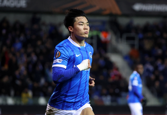 헹크 오현규가 FC바젤을 상대로 시즌 9호골을 터트렸다. 사진은 28일(한국시각) FC바젤과의 유럽축구연맹 유로파리그 리그페이즈 5차전에서 선제골을 터트린 오현규. /사진=로이터