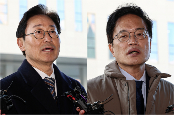 검찰이 28일 국회 패스트트랙 충돌 사건으로 재판에 넘겨진 더불어민주당 전·현직 의원과 관계자에게 벌금형을 구형했다. 사진은 28일 박범계, 박주민 민주당 의원이 서울 양천구 남부지방법원에서 열린 국회 패스트트랙(신속처리안건) 충돌 사건 관련 결심 공판에 출석한 모습. /사진=뉴스1