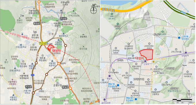 LH는 불광동329-32 지구에 1670가구, 고덕역 지구에 2486가구를 공급할 계획이다. 사진은 불광동329-32 지구(왼쪽)와 고덕역(오른쪽) 지구 위치도. /사진 제공=LH