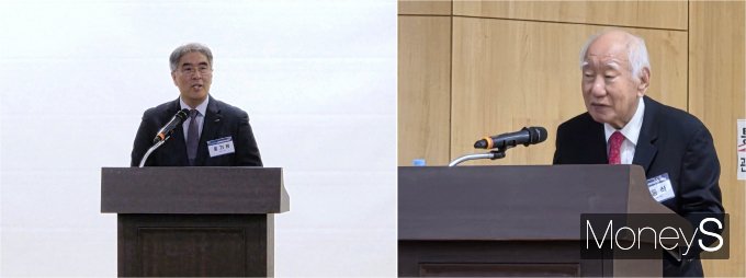 홍기용 선박해양플랜트연구소(KRISO) 소장(왼쪽)과 신동식 (주)한국해사기술 회장이 2일 국회의원회관에서 열린 '신 해양패권 스마트해양기술 세미나'에서 환영사와 기조강연을 하고 있다./사진=김대영 기자