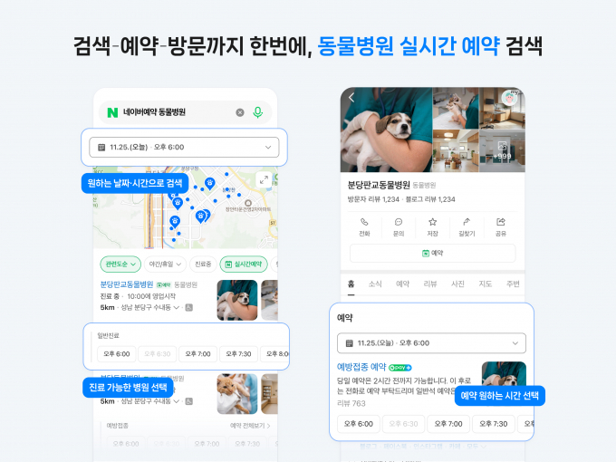 네이버 플레이스가 오는 11일부터 동물병원 업종에 '실시간 예약' 검색 필터를 도입한다. 이용자는 원하는 시간에 진료 가능한 동물병원을 한 번에 모아보고 예약까지 진행할 수 있다. /사진-네이버