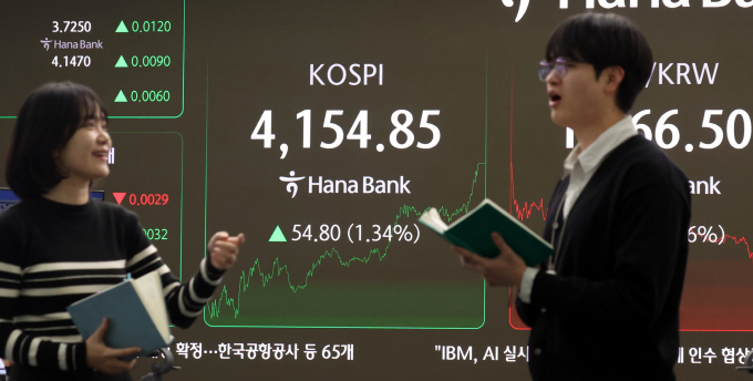 코스피가 9일 장 초반 전 거래일보다 하락세인 반면 코스닥은 소폭 상승세다. 사진은 지난 9일 오후 서울 중구 하나은행 딜링룸의 마감 시황. /사진=뉴스1 