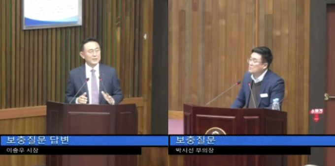 이충우 여주시장(좌)과 박시선 시의회 부의장(우) 간의 시정질의 모습. /사진제공= 여주시의회 제공 