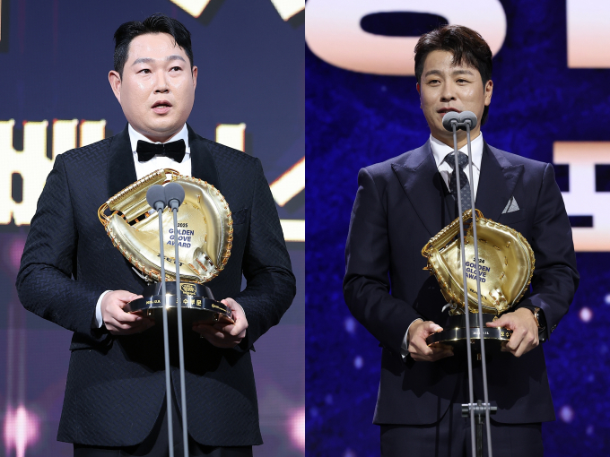 양의지와 강민호가 2011년부터 15년째 포수 부문 골든글러브를 양분 중이다. 사진은 2025년 포수 부문 골든글러브 수상자 양의지(왼쪽)와 2024년 수상자 강민호. /사진=뉴스1 