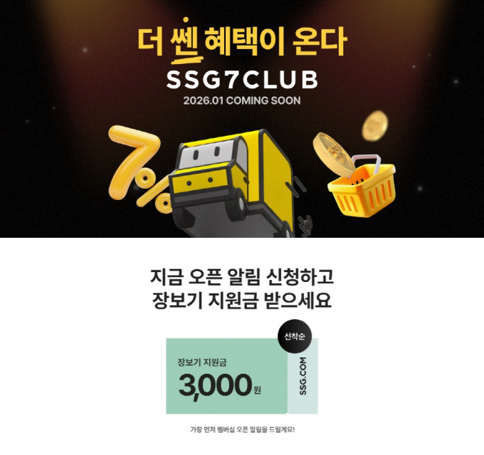 SSG닷컴이 론칭하는 신규 유료 멤버십 '쓱세븐클럽'의 출시 사전 알림을 신청한 고객이 이틀 만에 10만명을 넘어섰다. SSG닷컴은 멤버십 출시 알림을 신청한 고객에게 장보기 지원금 3000원을 선착순으로 지급하는 이벤트를 진행하고 있다. /사진=SSG닷컴