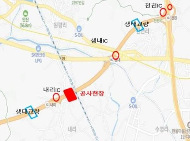 인천발 KTX 직결사업 공사로 13일 새벽 1시부터 3시 사이 통제되는 비봉~매송간 도시고속도로 내리나들목~샘내나들목 구간 위치도. /사진제공=화성특례시