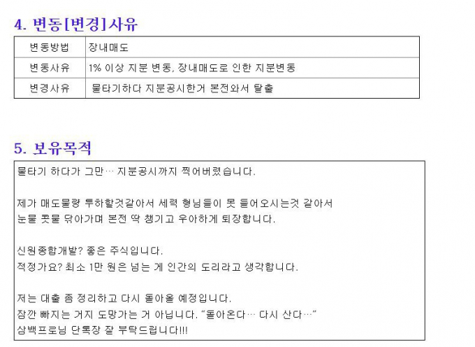 코스닥 상장사 신원종합개발의 2대 주주 김승현씨가 보유 지분을 전량 매도한다고 11일 공시했다. 사진은 김씨가 공시한 보유 목적. /사진=금융감독원 전자공시시스템
