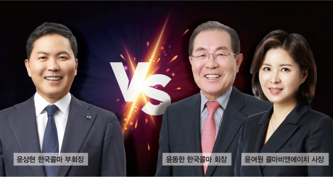 윤동한 콜마 회장(가운데)과 윤상현 콜마홀딩스 부회장(왼쪽)의 주식반환 청구소송이 내년까지 이어진다. 판세가 윤 부회장 쪽으로 기울었음에도 소송전을 고수하는 것을 두고 아들에게 견제의 메시지를 던지는 것이라는 해석이 나온다. /그래픽=머니S DB