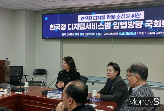12일 서울 여의도 국회의원회관 제2간담회의실에서 열린 '한국형 디지털서비스법 입법방향' 국회토론회서 발언하고 있는 이주희(가운데)·황정아(가운데서 오른쪽) 더불어민주당 의원. /사진=지선우 기자