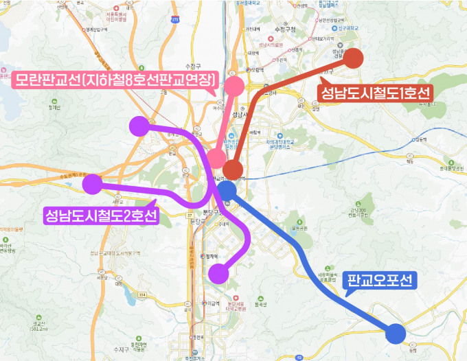 경기도 도시철도망 구축계획에 반영된 성남시 4개 도시철도 노선. /자료제공=성남시