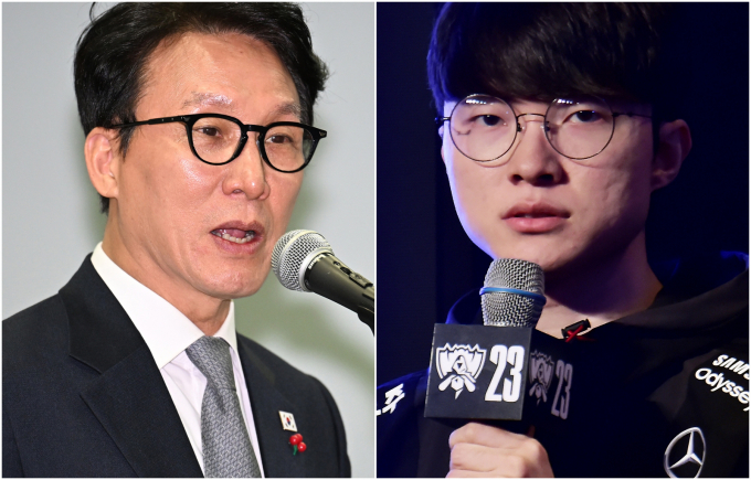 김민석 국무총리가 오는 20일 리그오브레전드세계 챔피언인 페이커 이상혁 선수와 대담을 나눈다. 사진은 지난 10일 김 총리가 서울 마포구 연세대학교에서 열린 김대중 대통령 노벨평화상 25주년 기념식에 참석해 축사하는 모습(왼쪽)과 2023년 11월15일 이 선수가 2023 LoL 월드챔피언십 파이널 미디어데이에서 진행자 질문에 답하는 모습. /사진=뉴시스, 머니S