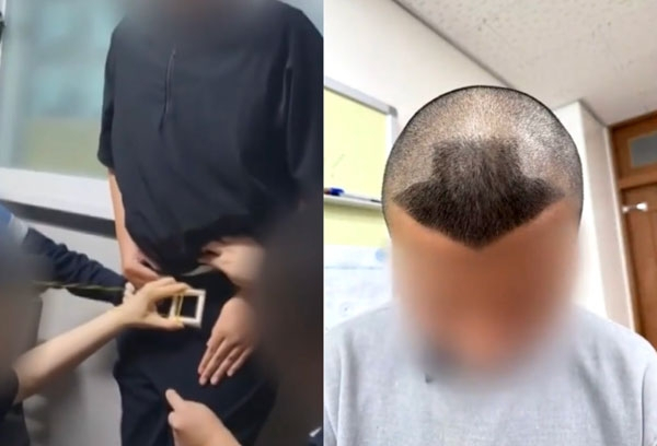 한 중학생에게 '성고문'에 가까운 폭행을 저지르고 모욕적인 행위를 강요한 학원 원장의 수위 높은 기행이 전해져 충격이다. 고무줄로 성기를 폭행하는 장면, 화살표 모양으로 삭발한 모습. /사진=JTBC '사건반장' 캡처